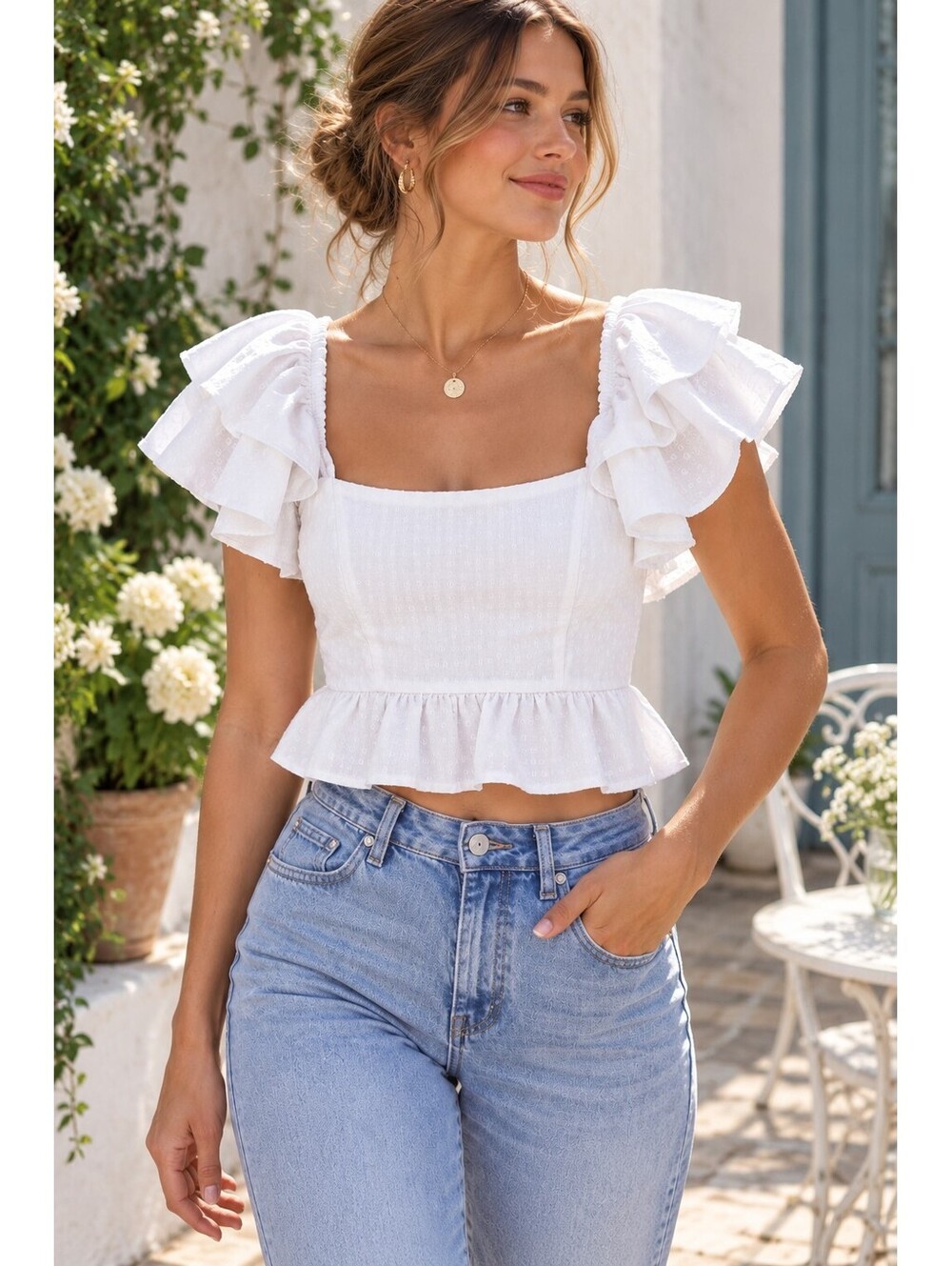 Altar'd State White Ruffle Crop Top M Cottagecore Tie Back Peplum Made USA
